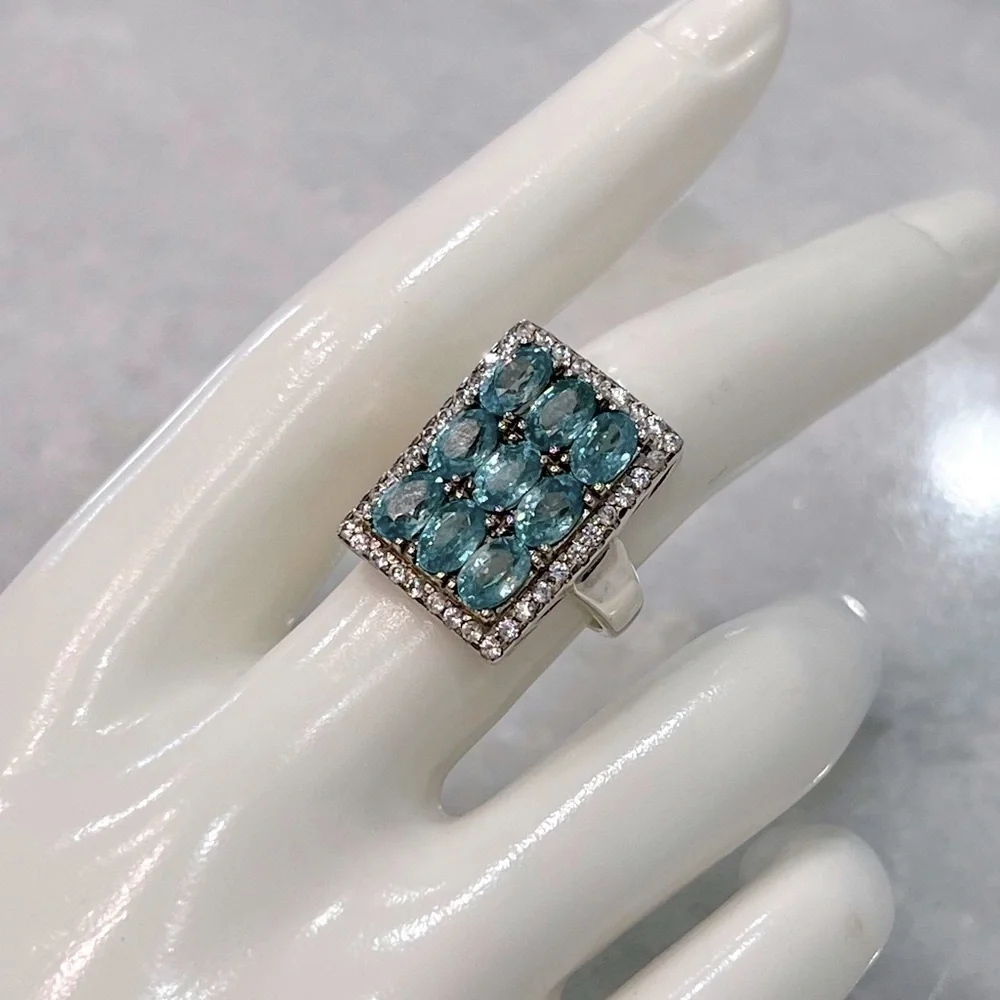 Cambodian Blue Zircon White Zircon Sterling Silver Rectangular Cluster R… - Picture 3 of 14